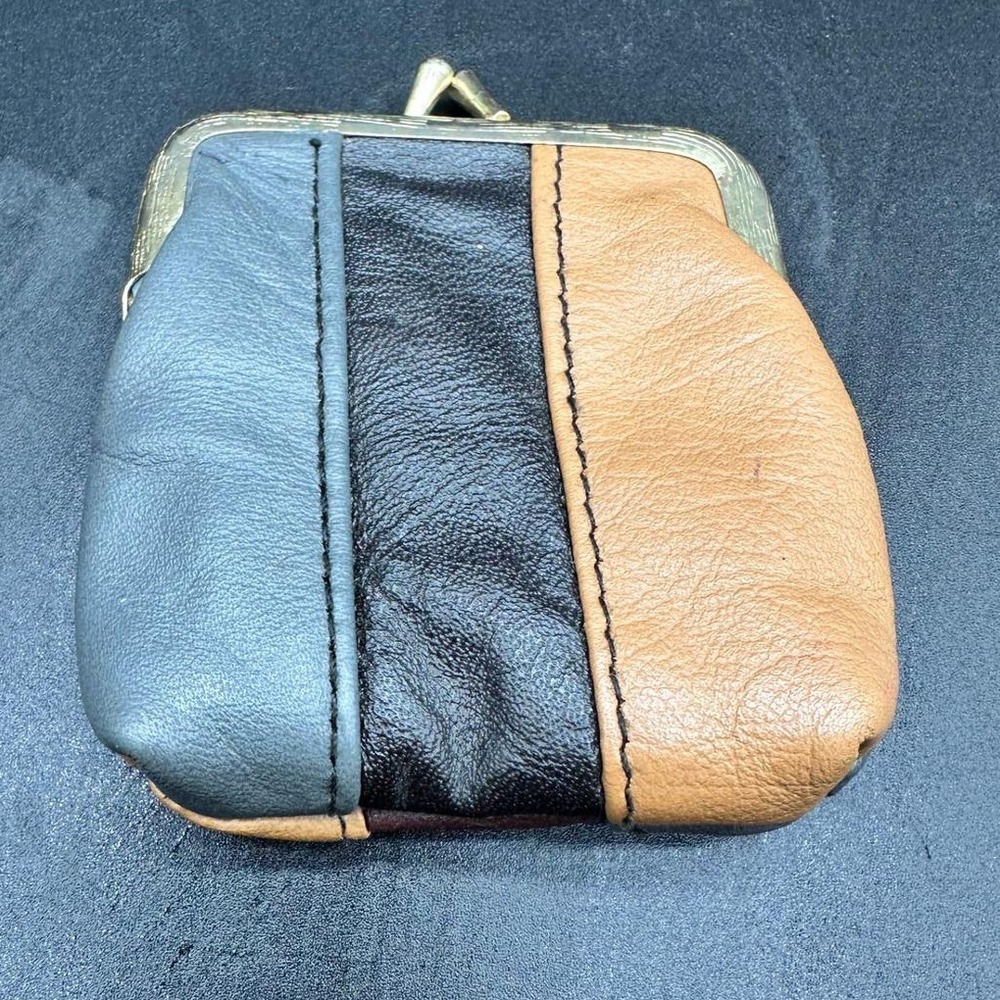 Vintage Leather Coin Purse Tri Color Kiss Closure‎ Retro Accessory